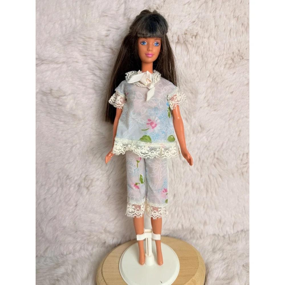 Vintage 1960s Doll Clothes Pink Satin Nightgown Floral Pajama Set Barbie Size